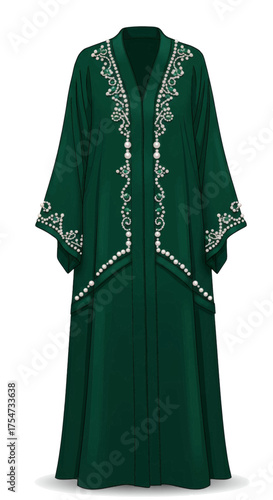 Emerald green abaya with intricate white pearl embellishments on neckline and sleeves, a luxurious modest fashion garment