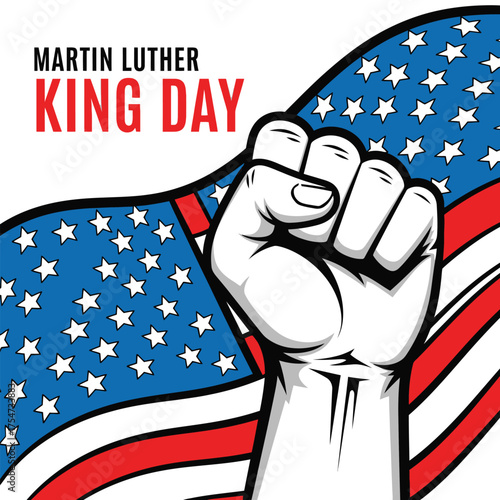 Vibrant Martin Luther King Day Graphic with American Flag and Raised Fist Symbolizing Strength and Unity