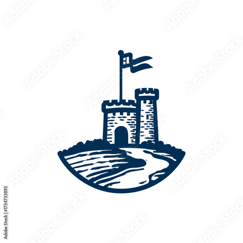 Vintage Style Medieval Castle Illustration with Towers, Battlements, Flag, and Winding River. Historic Architectural Graphic.