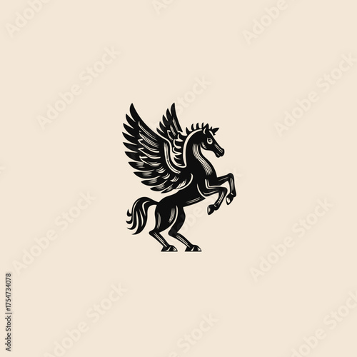 Mythical black Pegasus winged horse illustration, rearing up on hind legs, elegant graphic emblem. Fantasy creature logo concept.
