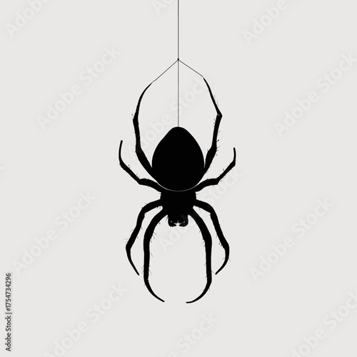 Black spider silhouette hanging on a single web thread. Minimalist graphic design of an arachnid for Halloween or spooky themes.