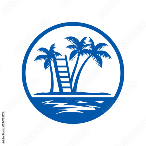 Tropical Island Paradise Icon: Blue Circle Graphic with Palm Trees, Ladder, and Ocean Waves – Beach Vacation Concept