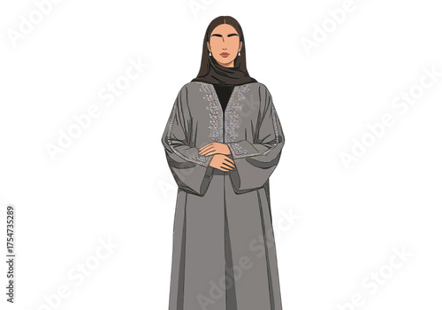 A Full Body Illustration of a Woman Wearing a Gray Abaya and Hijab