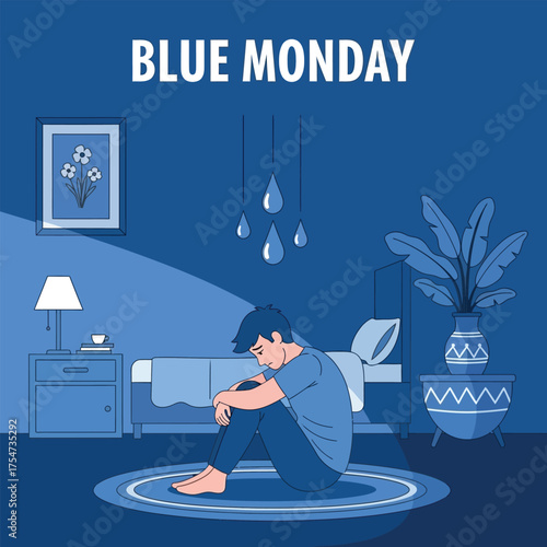 Blue Monday Illustration A Solitary Figure's Reflection in a Somber Room Depicting Loneliness and Yearning for Connection