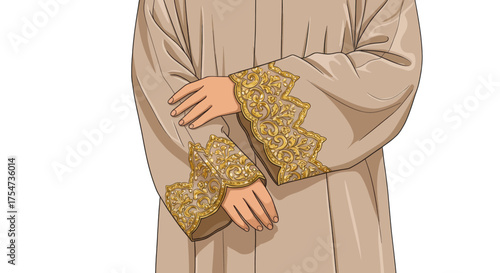 Close-up of a person's hands and sleeves with intricate embroidered details, showcasing elegant fabric and design
