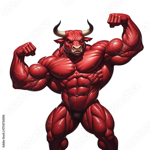 Mascot Muscular Red Bull Flexing Biceps Posing Strength Power Roaring Aggressive Dominant Superhero Beast Symbol Concept