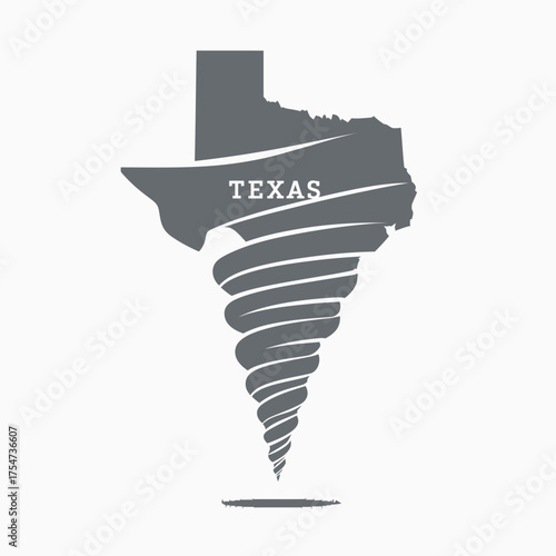 Stylized Texas state map silhouette transforming into a powerful tornado graphic, symbolizing natural disaster, extreme weather, and climate impact.