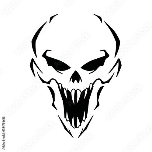 Aggressive stylized skull illustration with sharp teeth and dark eyes, black and white graphic design element, abstract menacing spooky concept art.