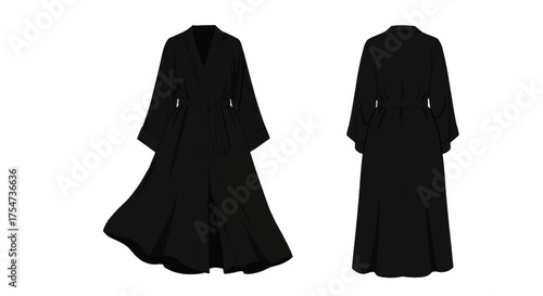 Elegant Black Maxi Dress with Belt, Front and Back View, Fashionable Women's Attire