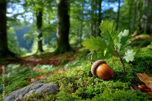 A close-up view of an acorn and small oak tree sapling on moss, with a green forest background providing a serene and peaceful natural environment.