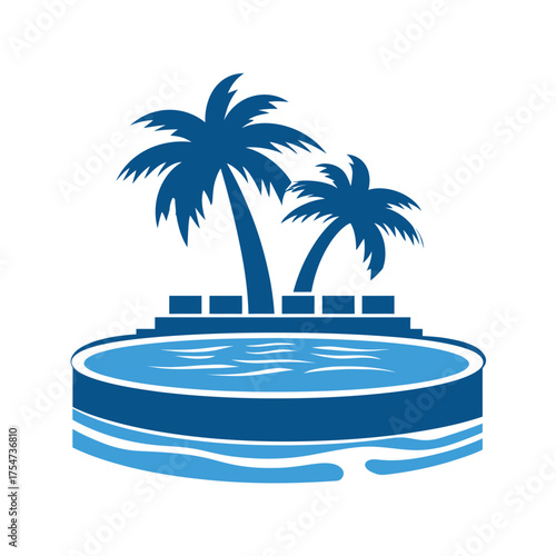 Blue tropical island resort concept with palm trees and a swimming pool, perfect for vacation destinations and relaxation.