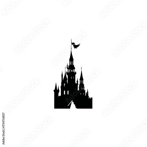 Enchanted fairytale castle silhouette, majestic and magical with ornate turrets and spires. Fantasy kingdom architecture icon.