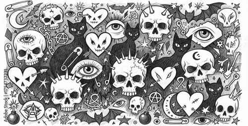 Punk Tattoo Doodle Art Pattern with Skulls, Cats, and Hearts in Hand-Drawn Grunge Style