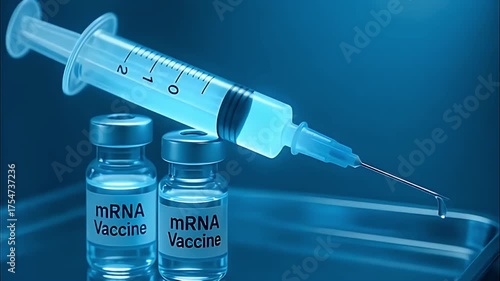 MRNA vaccine vial syringe injection research medical ampoule sterile tray vaccine vial needle liquid droplet vaccination healthcare blue lighting close up vaccine research medical syringe vial