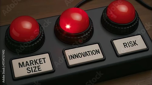 Market size innovation risk business decision red button control panel wooden table strategy evaluation concept startup entrepreneurship finance assessment selection technology assessment button Red