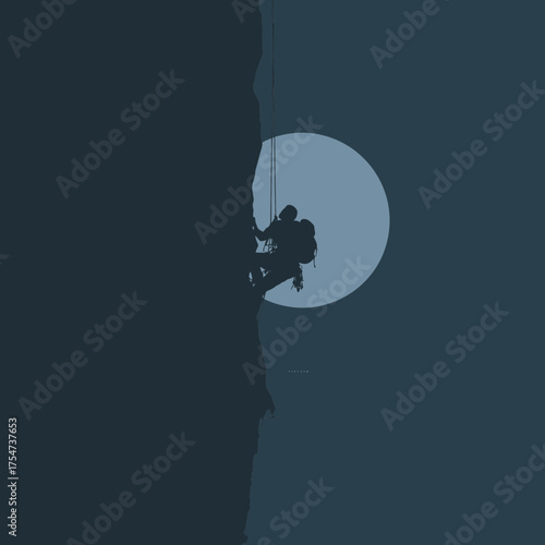 Silhouette of a rock climber rappelling down a steep mountain cliff under a full moon. Adventure and extreme sport concept illustration.