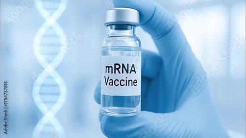 MRNA vaccine vial laboratory gloved hand dna strand medical research clinical trial vaccine development sterile biotechnology blue color hand holding vial syringe clinical vial vaccine research