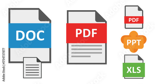 File format types doc pdf ppt xls vector illustration of document types for software and presentations