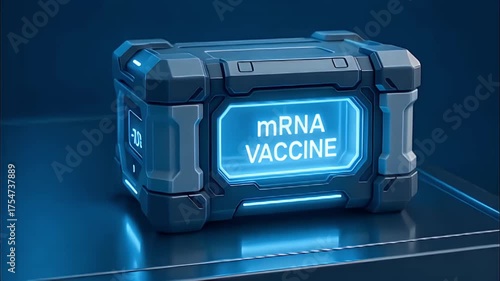 MRNA vaccine storage case cold storage medical container laboratory equipment blue lighting futuristic design insulated cooler vaccine transport ultra low temperature biohazard safety cold chain