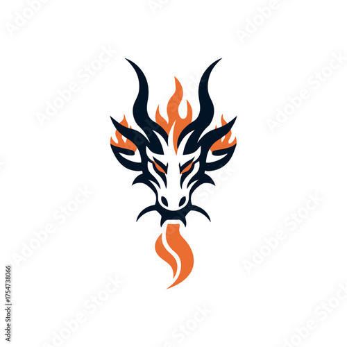 Powerful stylized dragon head illustration with vibrant orange flames and sharp horns. Fierce mythical fire-breathing creature graphic symbol.