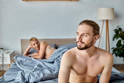 Fotografie Couple reflects on their date while sharing mixed emotions in a cozy bedroom set