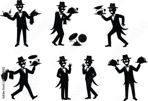 Waiter silhouette illustration, restaurant service art, humorous dining scene, food serving mishap, black and white design, hospitality artwork, cloche tray figure