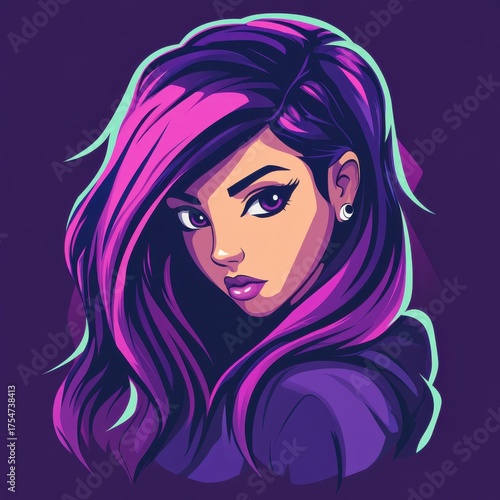 Stylish woman with long magenta and purple hair glancing over shoulder.