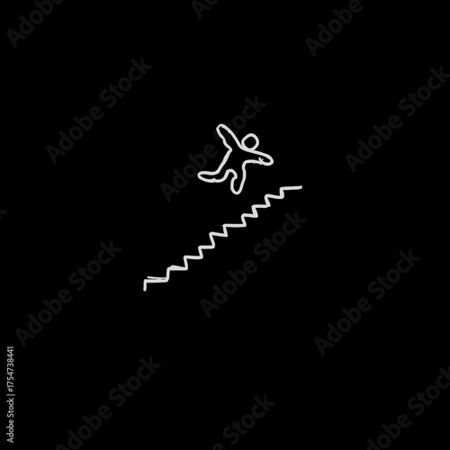 Stick figure falling down stairs icon. Abstract warning symbol for danger, accident, risk, or injury. Minimalist white outline on black.