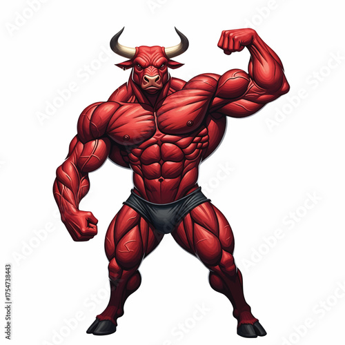Powerful Red Muscular Bull Character Flexing Biceps Symbol of Strength Power and Determination for Sports and Fitness Brands Isolated on White