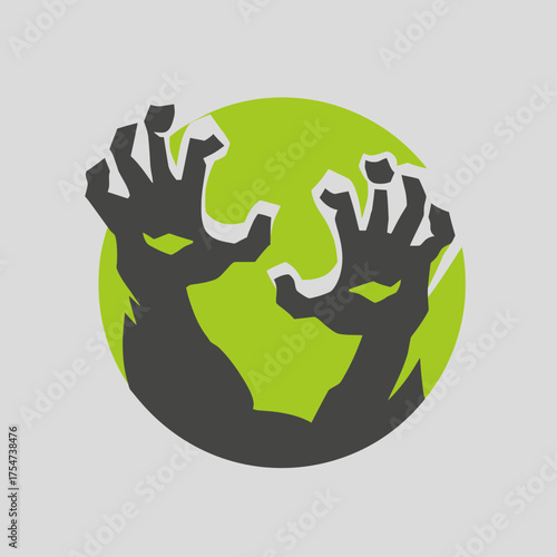 Stylized scary monster hands with glowing green eyes emerging from a vibrant green circle, spooky graphic icon, Halloween concept.