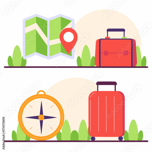 Illustration of travel icons including maps luggage and compass