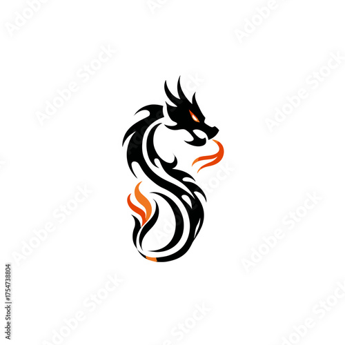 Powerful black tribal dragon with orange flames illustration, mythical fantasy creature design, stylized vector art, tattoo concept