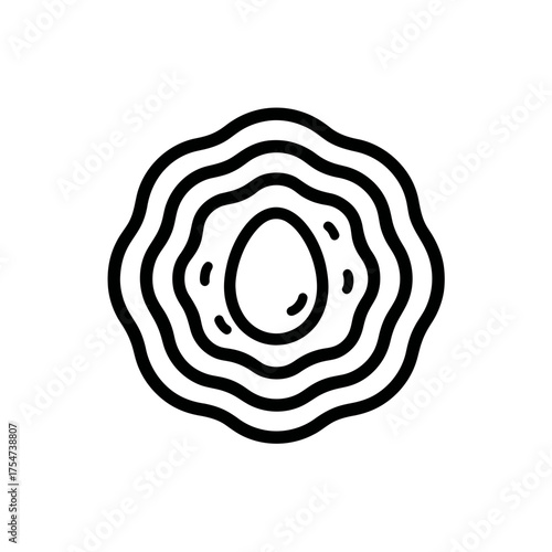 Black line art icon of an abstract, wavy bird nest with a single egg inside, symbolizing nature, new life, spring, and family.