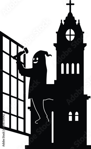Whimsical ghost worker, gothic cathedral silhouette, surreal window repair, spooky architecture art, paranormal humor illustration, eerie fantasy design, supernatural satire, night
