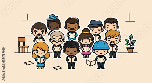 Diverse group of people reading books together in a bright room, fostering a sense of community and learning.