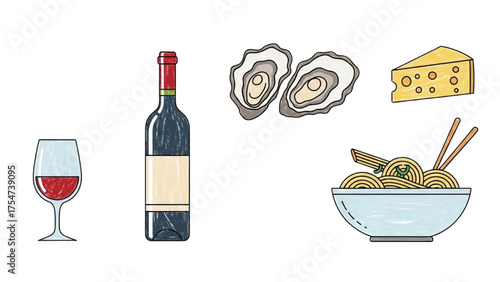 A delightful assortment of culinary essentials featuring wine, cheese, oysters, and noodles