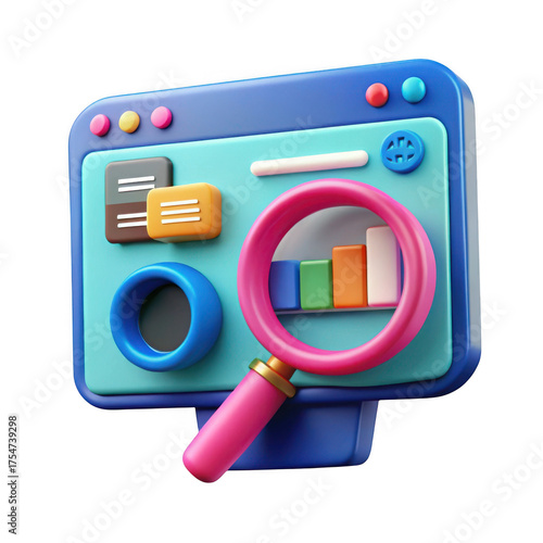 3d digital analytics dashboard with magnifying glass isolated on transparent background