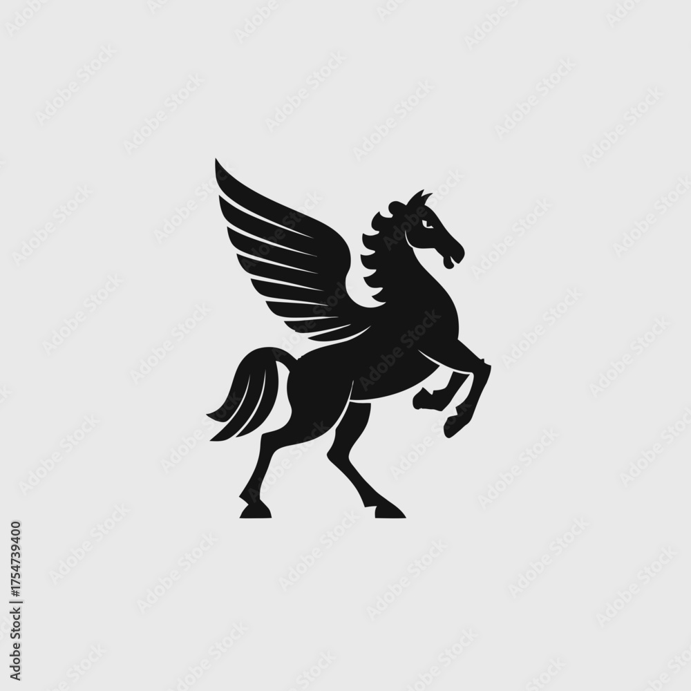 Fototapeta premium Black silhouette of a majestic Pegasus, a mythical winged horse rearing, an iconic symbol from ancient Greek mythology, isolated on a clean background.