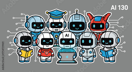 Group of cute robots collaborate on project in futuristic lab, showcasing teamwork and innovation in artificial intelligence field.