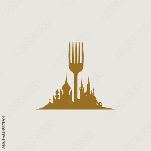Elegant golden fork with classic city skyline silhouette. Premium vector icon for restaurant, gourmet dining, or culinary travel.