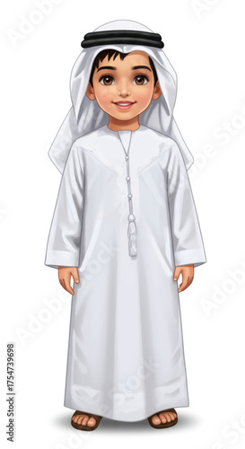 A charming young boy dressed in traditional Emirati attire, exuding innocence and cultural pride