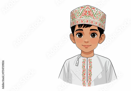 Traditional Omani boy wearing a Kufi hat and embroidered thawb, illustration