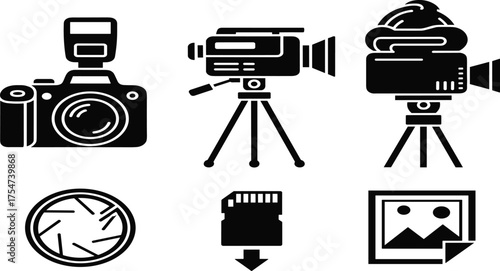 Photography and Videography Glyph Icons Set: Solid Vector Collection of Camera, Tripod, SD Card, and Shutter Symbols