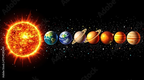 Solar System Planets Illustration with Sun, Black Background, High Detail Science Diagram

