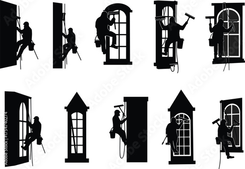Window cleaner silhouettes, high-rise workers on ropes, squeegee and bucket tools, urban building maintenance art, professional cleaning occupation illustration