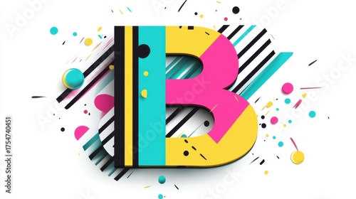 Bold letter B in Memphis art style with vibrant colors, stripes, and geometric shapes