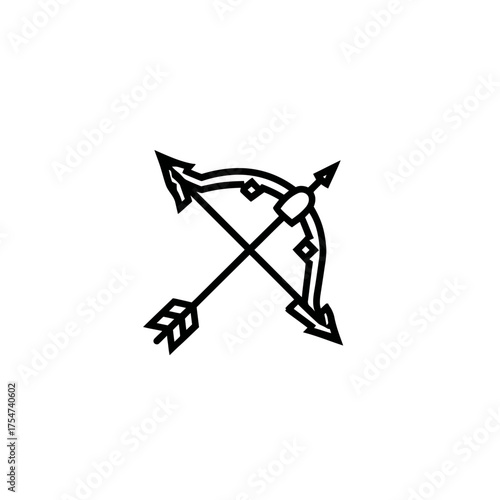 Simple black outline bow and arrow icon, line art illustration. A minimalist symbol for archery, love, cupid, aim, target, or goal concepts.