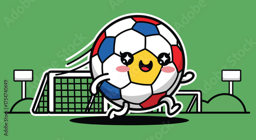 Cartoon soccer ball character runs happily across the soccer field near the goal posts, showcasing a playful and energetic theme.