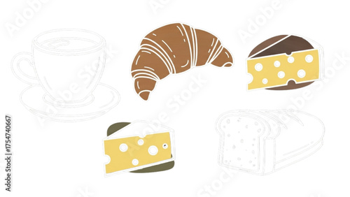 Comforting breakfast and bakery items golden croissant, fresh bread, savory cheese, and a warm cup of coffee