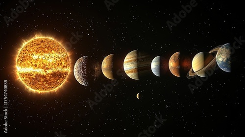 Solar System Planets Illustration with Sun, Black Background, High Detail Science Diagram

